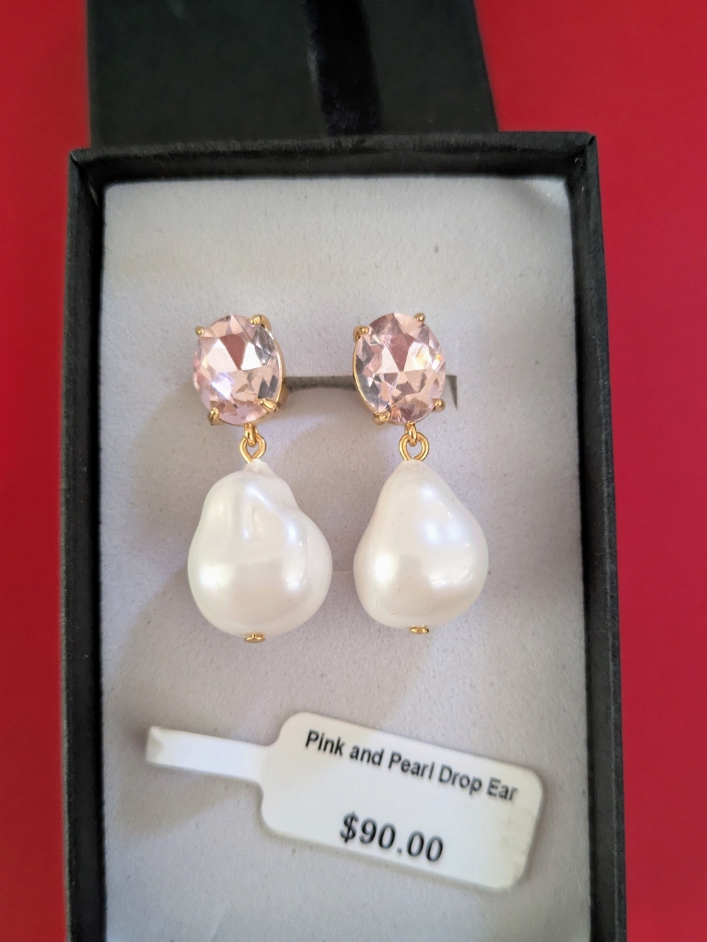 Pink Crystal and Pearl Drop Earrings